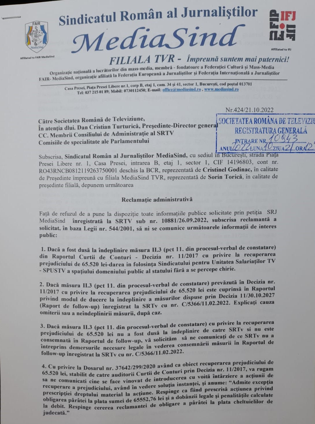 Ce ascunde TVR? Sindicatul Român al Jurnaliștilor MediaSind TVR a acționat în justiție TVR, fiindcă refuză să dea informații publice, privind facilitățile acordate liderilor sindicatului de casă!