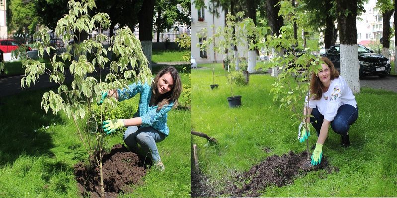 Marinela Popescu și Daniela Ivan, două asistente medicale, au răspuns provocării de a planta câte un copac în curtea Primăriei Caracal